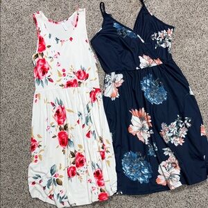 Floral Sleeveless Dresses - White and Navy
